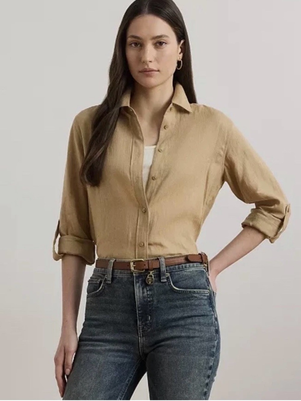 Lauren Ralph Lauren Relaxed Fit Linen Roll TabβSleeve Shirt Khaki Women Size XXL